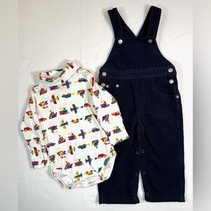 VINTAGE RUGGED BEAR Toddler Boy Corduroy Overalls Train Print Bodysuit 12M